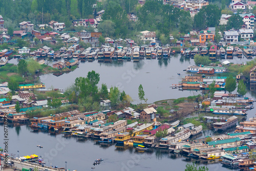 Aerial view cityscape of Houseboat in Dal Lake is famous place the main attractions at Srinagar, Jammu and Kashmir, India. Srinagar is several places called the Venice of the East