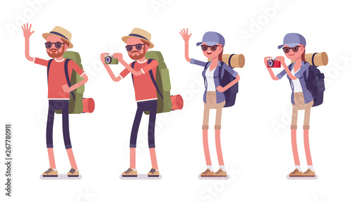 Hiking man and woman standing. Tourists with backpacking gear, wearing clothes for outdoor sporting or leisure activity. Vector flat style cartoon illustration isolated on white background