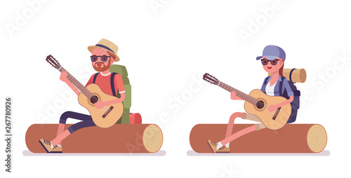 Hiking man, woman in camp with guitar. Tourists with backpacking gear, wearing clothes for outdoor walks, sporting leisure activity. Vector flat style cartoon illustration isolated, white background
