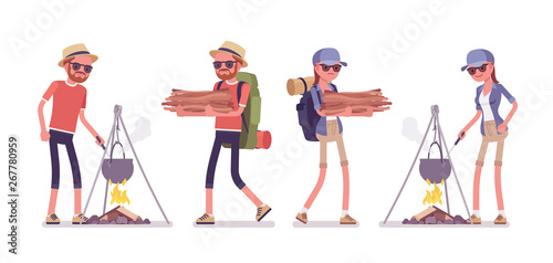 Hiking man, woman near campfire. Tourists with backpacking gear, wearing clothes for outdoor walks, sporting or leisure activity. Vector flat style cartoon illustration isolated on white background