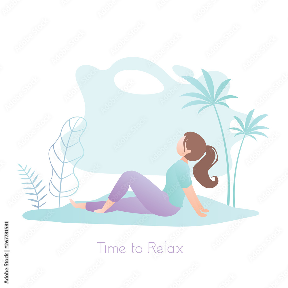 Girl sitting in nature,female character profile view, park or beach with palm trees