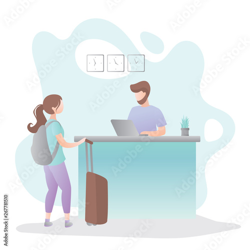 Male receptionist on Reception desk in hotel and female tourist with suitcase and backpack