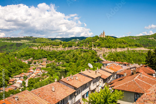 Veliko Tarnovo panorama - Tzarevetz fortress and the old part of the town. Veliko Tarnovo, Bulgaria.  photo