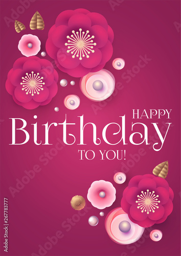 Happy Birthday Cute Congratulation Card Template with Pink Paper Flowers. Wedding. Marriage, Anniversary Invitation.