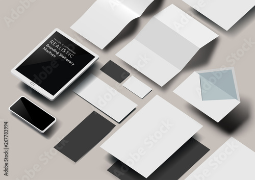 A set of realistic business stationery and tools mockup template with 3D effect. Vector illustration.