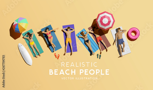 Couples and friends enjoying the summer at the beach. Aerial view of people relaxing, vector illustration.
