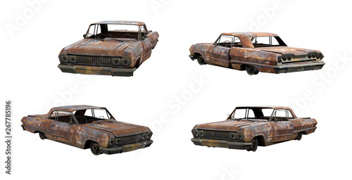 3d-renders of burnt muscle car without shadows photo