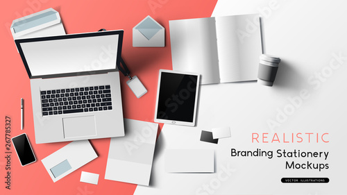 Stationery and office branding objects mockup template with a notebook, paper objects and smartphone. Vector illustration.
