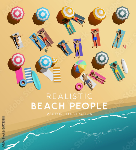 Top Aerial view of people characters relaxing on a beach holiday. Vacation background.
