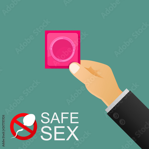 Safe sex,hand holding condom vector flat design.