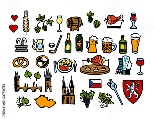 Food, drink, alcohol, architecture, symbols of Czech Republic, color icon set