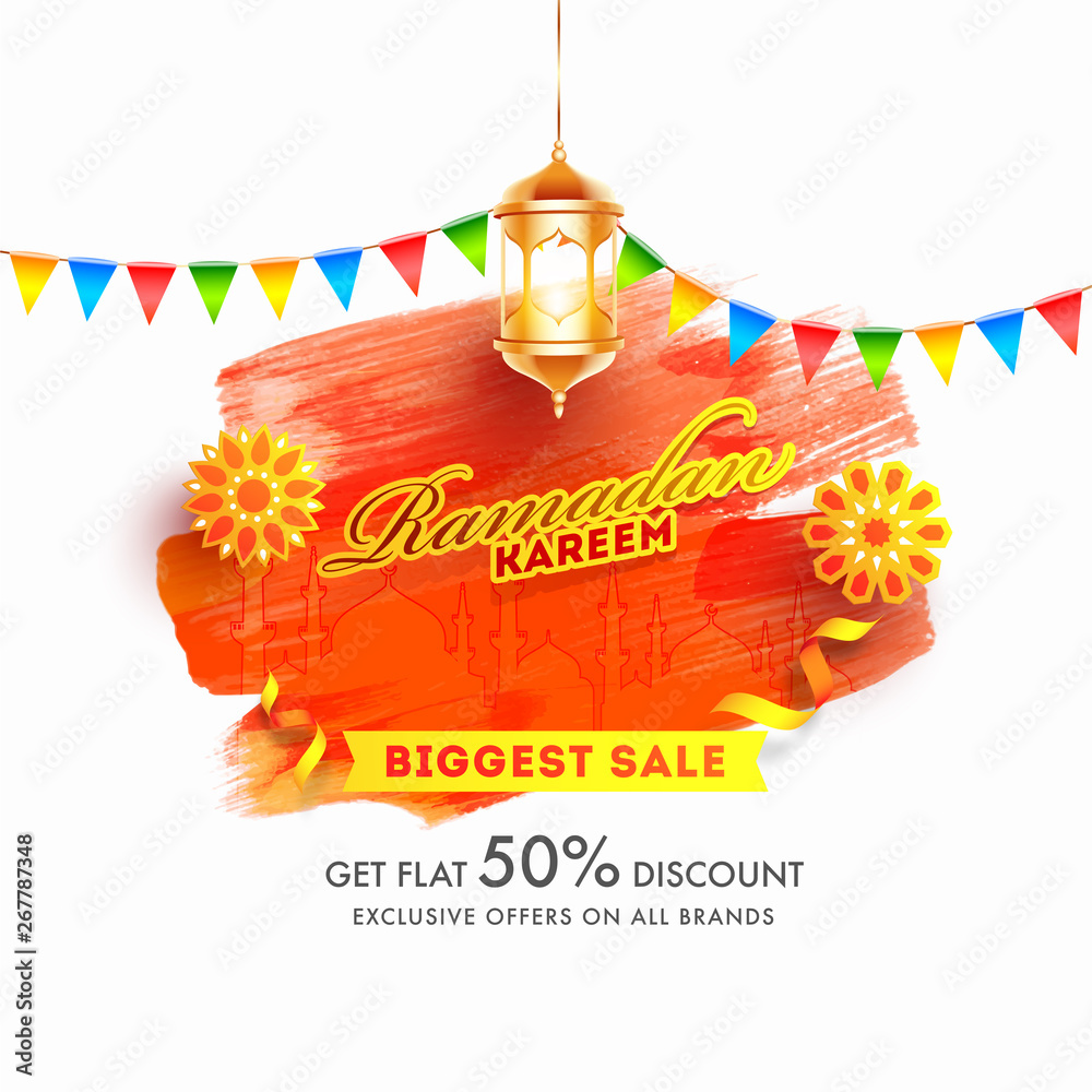 Biggest Sale poster or template design with hanging illuminated lantern and 50% discount offer for Ramadan Kareem.