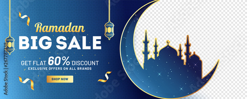 Ramadan Big Sale header or banner design with 60% discount offer, silhouette of moon with mosque on blue and png background.