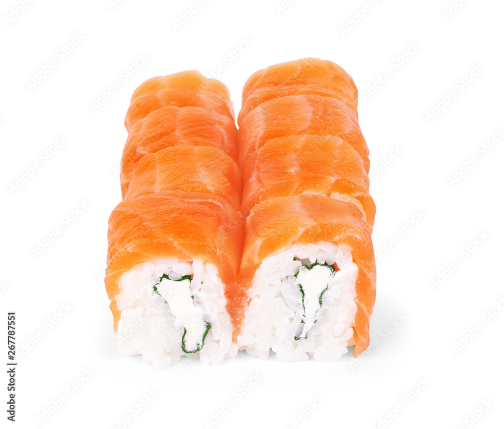Philadelphia Maki Sushi made of Fresh Raw Salmon, Cream Cheese and Cucumber. Traditional Japanese food - sushi rolls on white background. fresh salmon, Philadelphia cheese, cucumber Philadelphia Maki Sushi made of Fresh Raw Salmon, Cream Cheese and Cucumber. Traditional Japanese food - sushi rolls on white background. fresh salmon, Philadelphia cheese, cucumber