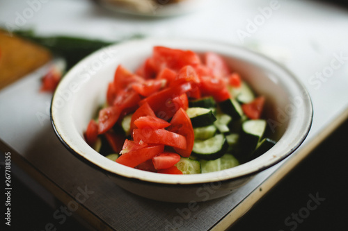 fresh vegetable salad with tomatoes and cucumbers