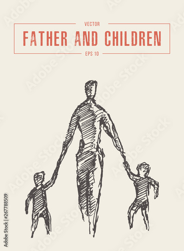Father children hold hands drawn vector sketch