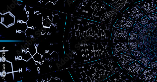 Molecular chemical formulas forming an endless tunnel with dots and lines of atomic lattices