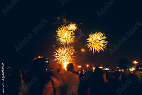 Fireworks light up the sky, Independence Day celebration. Night show. Victory Day. Festive fireworks. New year's night. Decorations for a festive party. American holiday. Day of Canada.