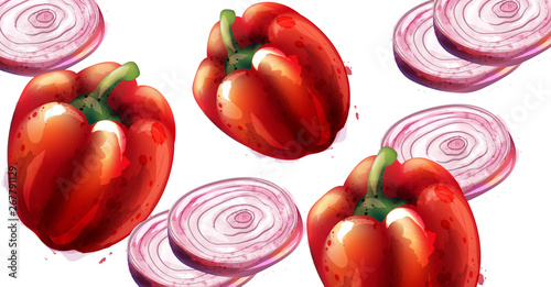 Red pepper and onion Vector pattern. Menu restaurant textures
