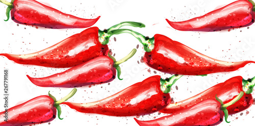 Chili Vector watercolor pattern. Menu restaurant textures on whites