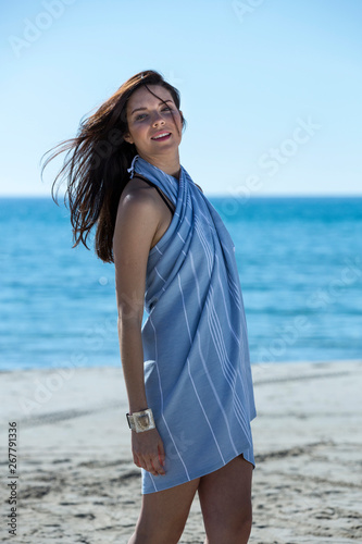attractive, background, beach, beautiful, beauty, blue, caucasian, dress, face, fashion, female, fun, girl, hair, hair style, happy, holiday, lifestyle, looking, model, modern, nature, ocean, outdoor,