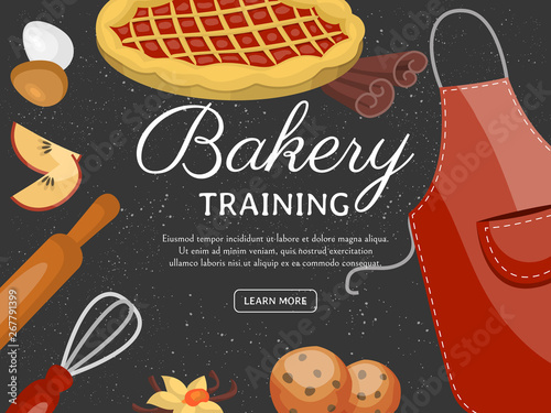 Baking training school poster vector illustration. Chocolate fruity desserts sweet cake shop with cupcakes, bakery cakes, cookies, ingredients, apron, rolling pin whisk board biscuits pie.
