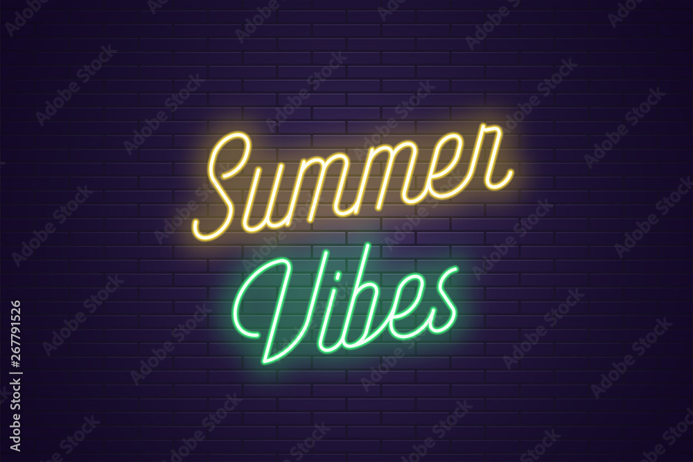 Neon lettering of Summer Vibes. Glowing text Neon lettering of Summer Vibes. Glowing text