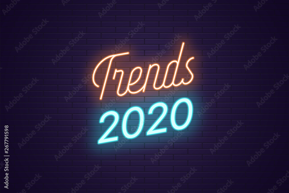 Neon lettering of Trends 2020. Glowing bright text Neon lettering of Trends 2020. Glowing bright text