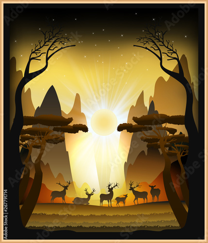 Paper cut light and shadow box design of deers in the forest, silhouette paper sculptures lamp as  concept. vector illustration.