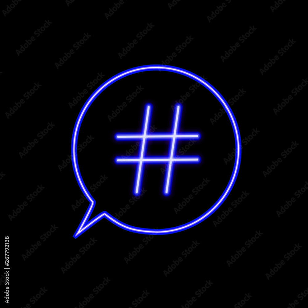 Fototapeta premium Vector Neon Hashtag Icon in the Talk Bubble Isolated on Black Backgound, Simple Element Illustration, Social Media Marketing.