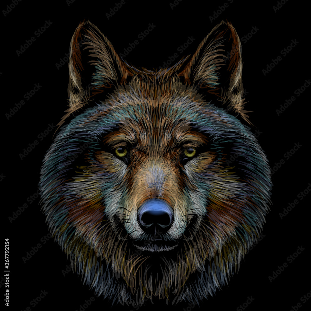 Graphic color portrait of a wolf's head on a black background.