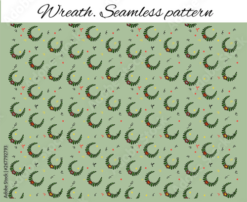 Seamless pattern with decorative wreaths and confetti. Cute drawing in the style of a sketch. Vector illustration for sports booklet. Backdrop for blog site. laureal, olive, green wreath