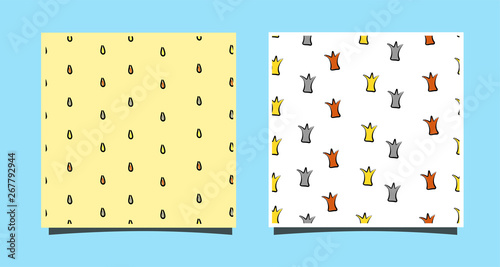 Two tiles with seamless patterns with crowns. Gold, silver, bronze. Simple style sketch. For printing on textiles, blog design. Cards for princess or winner. Vector illustration. Black outline