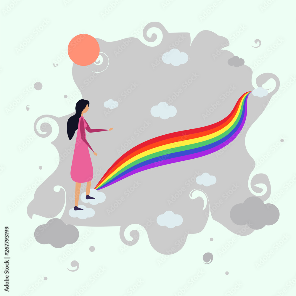 Femail with dark hair enters the rainbow. Among the clouds. LGBT community. Human rights choose love. LGBTQ. Vector illustration of a flat style. Character girl walks on the rainbow road.