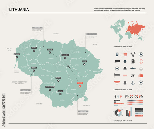 Vector map of Lithuania. High detailed country map with division, cities and capital Vilnius. Political map,  world map, infographic elements. photo