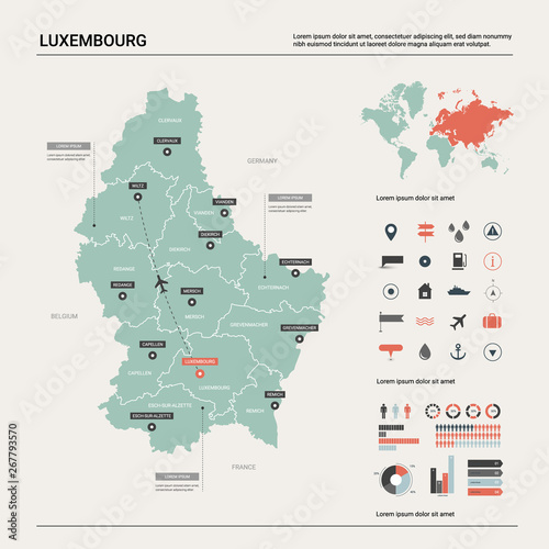 Vector map of Luxembourg. Country map with division, cities and capital. Political map, world map, infographic elements.