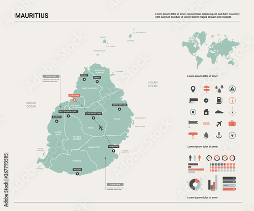Vector map of Mauritius. Country map with division, cities and capital Port Louis. Political map, world map, infographic elements.