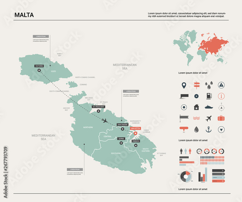 Vector map of Malta. Country map with division, cities and capital Valletta. Political map, world map, infographic elements.