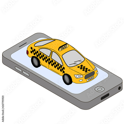 Vector isometric taxi car on smart phone. Taxi service mobile app. Navigate application.