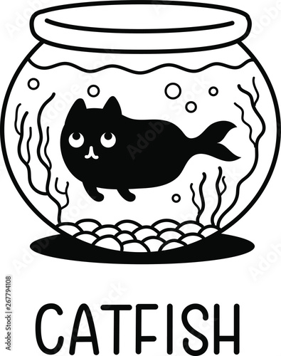 A Cartoon Vector Doodle Illustration Of A Black Mermaid Cat Swimming In A Fishbowl