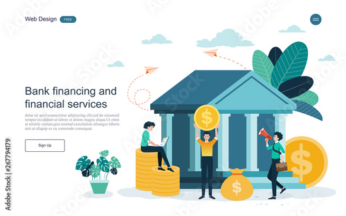 Business concept for banking.Bank buildings,bank financing, financial services, money exchange, saving money. Vector illustration.