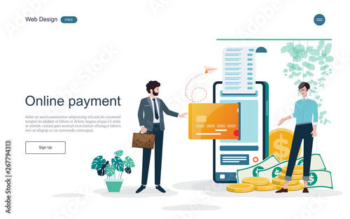 Flat design. Concept online and mobile payment  for web page.Confirm payment using a smartphone, Mobile payment, Online banking,payment terminals.Vector illustration.