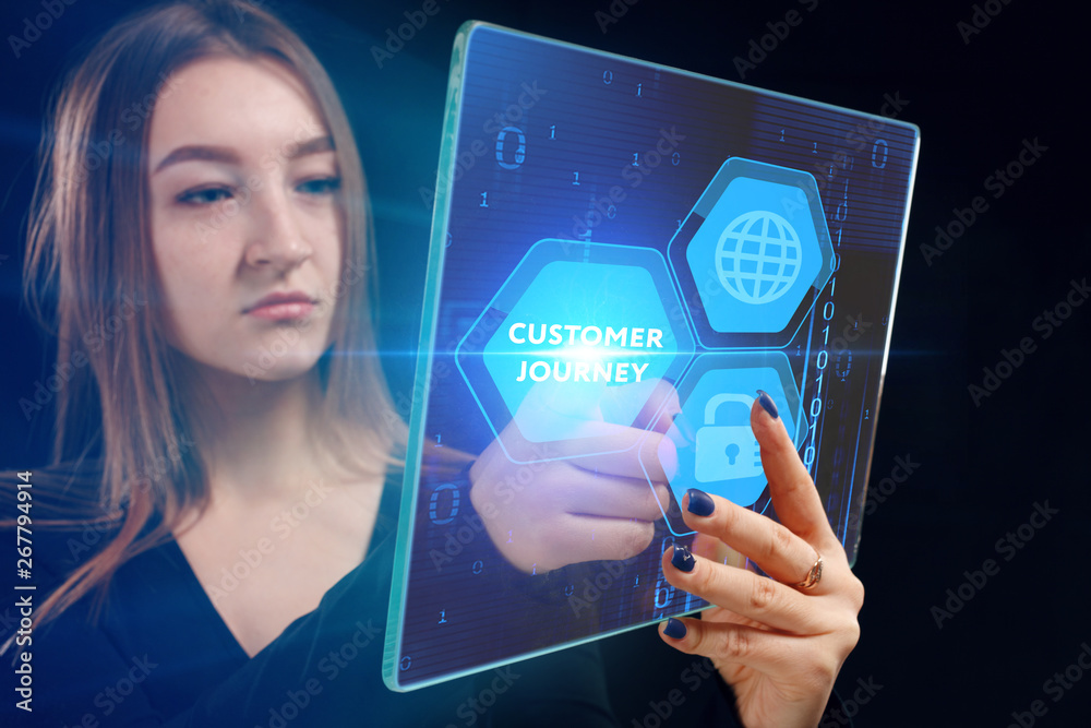 Business, technology, internet and networking concept. Young entrepreneur showing keyword: Customer journey Business, technology, internet and networking concept. Young entrepreneur showing keyword: Customer journey