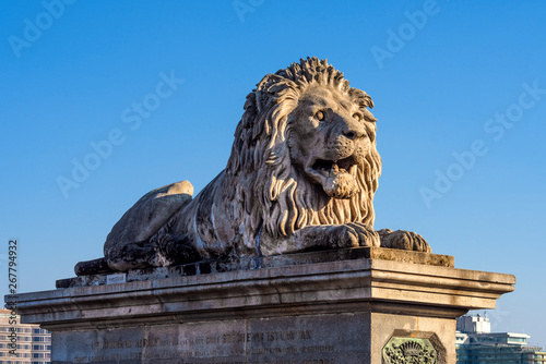 Hungary, Budapest: Lion statue as part of famous Szechenyi Chain Bridge pillar above Donau Danube river in the city center of the Hungarian capital with blue sky in the background - architecture