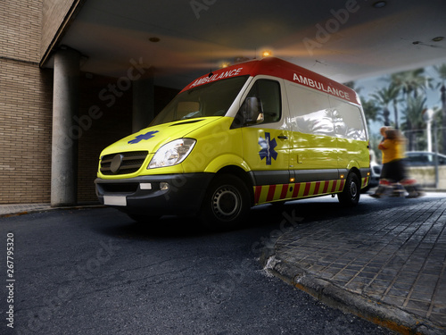 COVID-19 case of a person infected with coronavirus. Ambulance stop at the emergency door