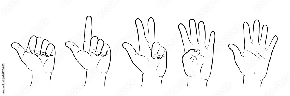 Sketch, hand drawn. Human fingers showing numbers from one to five. Sketch, hand drawn. Human fingers showing numbers from one to five.