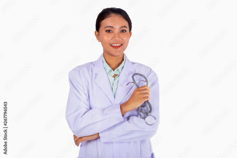Asian woman doctor with white gown and stethoscope and different actions isolated on white background Asian woman doctor with white gown and stethoscope and different actions isolated on white background