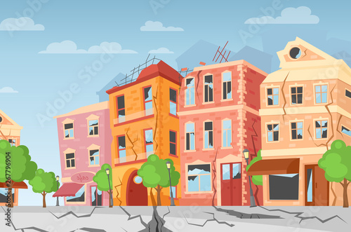 Vector illustration of earthquake in the city, ground crevices. Cartoon colorful houses with cracks and damages. Natural disaster concept, cataclysm, catastrophe. flat style. © Natalia