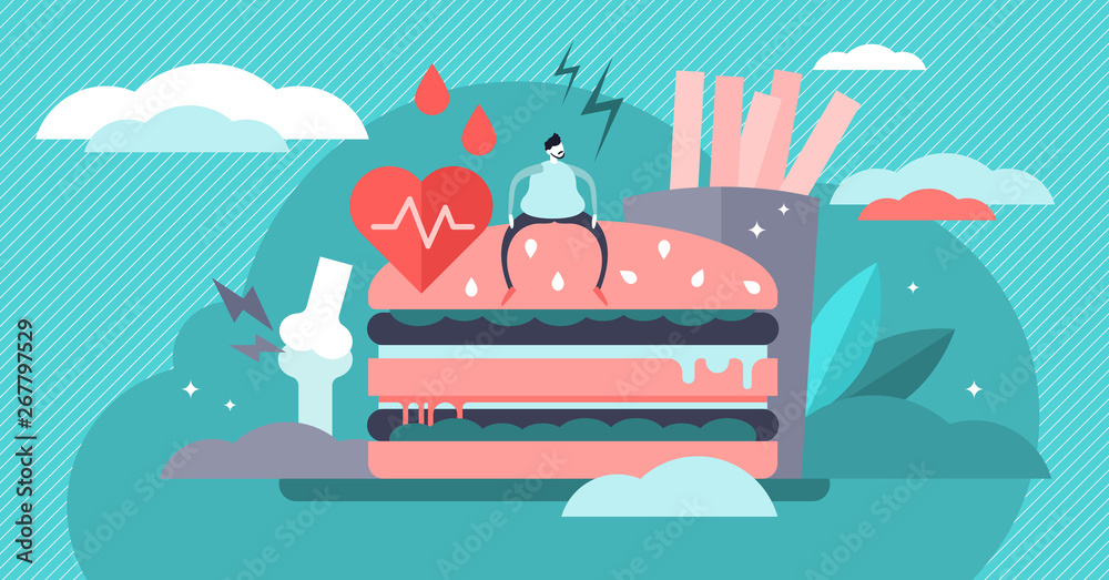 Naklejka premium Obesity vector illustration. Flat Tiny overweight problem persons concept.