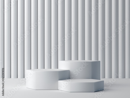 3d render. White shapes  abstract white background. Minimal hexagonal boxes podium  and textured wall. Empty showcase for cosmetic product presentation. Fashion magazine. Scene with geometrical forms
